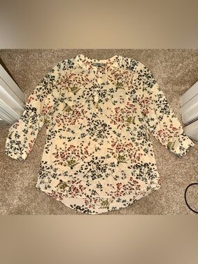 DALIA Tan Floral Shirt Top 3/4 Sleeves Polyester Spandex Women’s Small